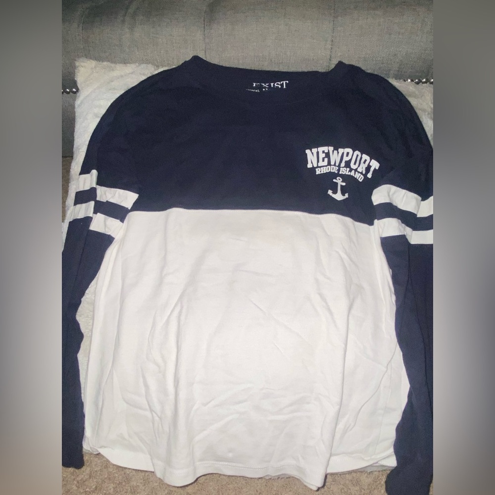 Newport RI long sleeve half colored varsity style shirt.
